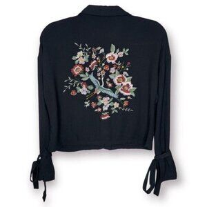 Wet Seal Size S Black Multicolor Embroidered Floral Crop Long Sleeve Button Down